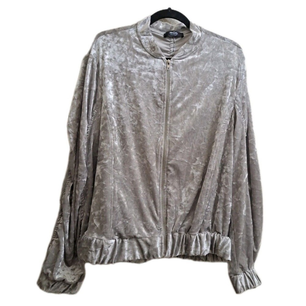 Mod  Black Label Velour Zipper Jacket Women's Size L Silver Gray Long Sleeve Top